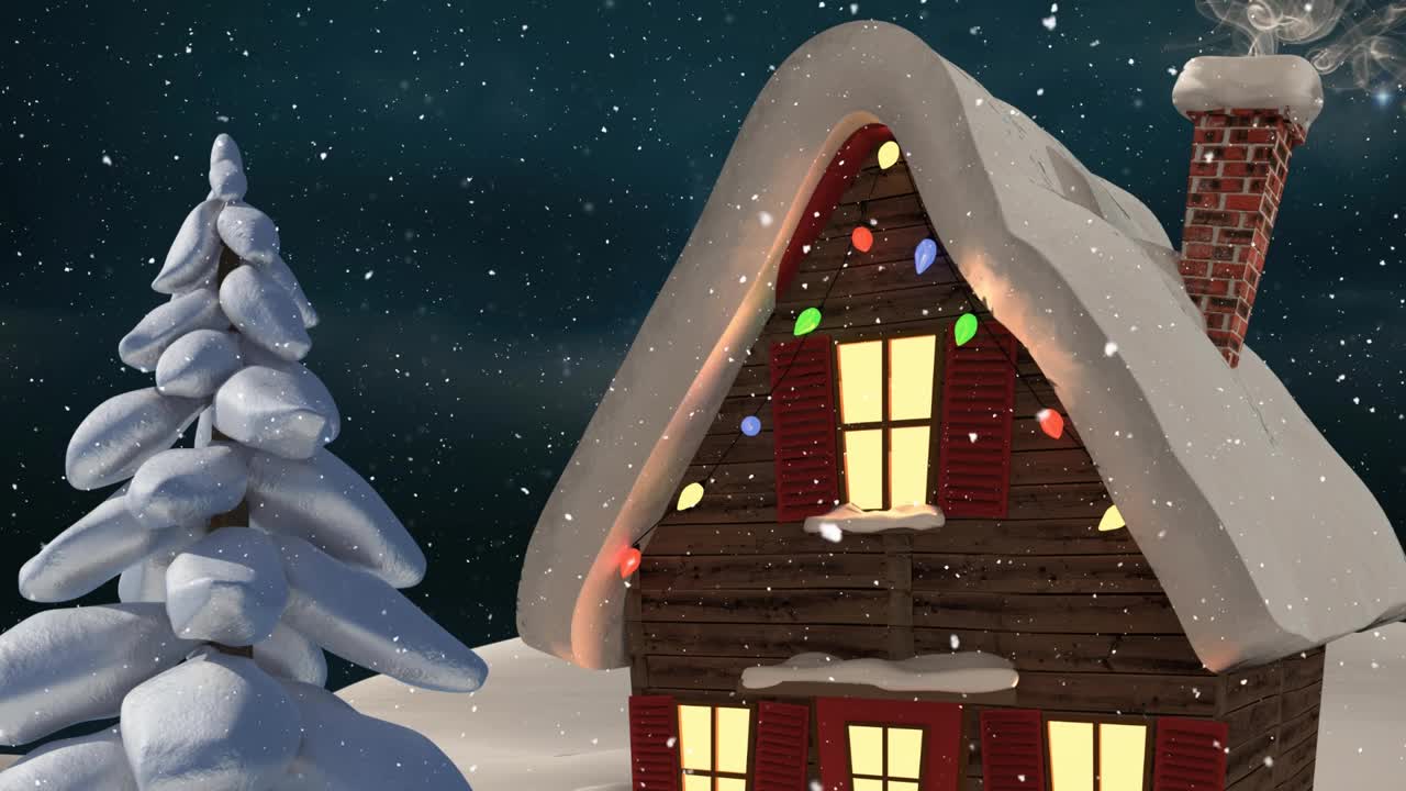 雪花飘落在圣诞树和房子上的冬季景观与夜空视频素材