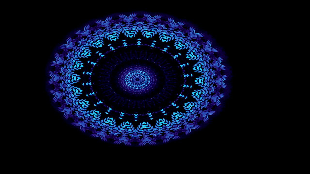 以蓝色和浅蓝色移动圆圈，背景为黑色，边缘为中心的植物按模式移动。视频下载