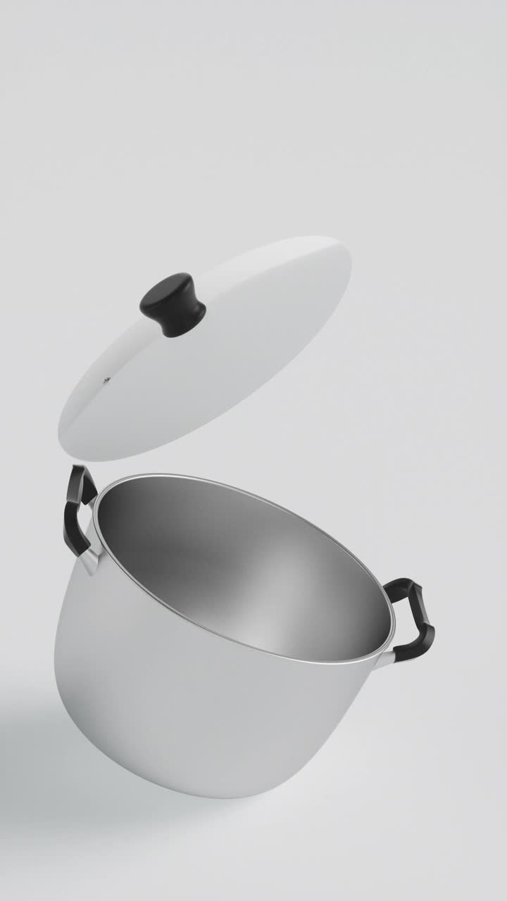 白色背景下，一个空铁锅的特写，有一个打开的玻璃盖。CGI插图。视频下载