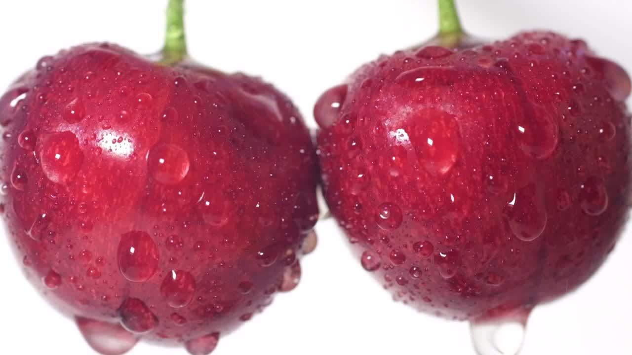 雨后一颗成熟的红樱桃的特写镜头。视频素材