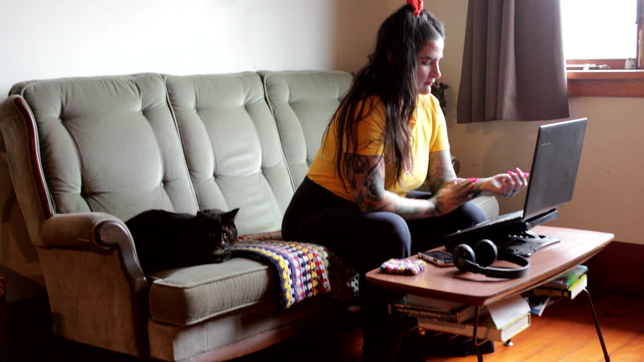 一个女人和她的猫坐在沙发上在家工作视频下载