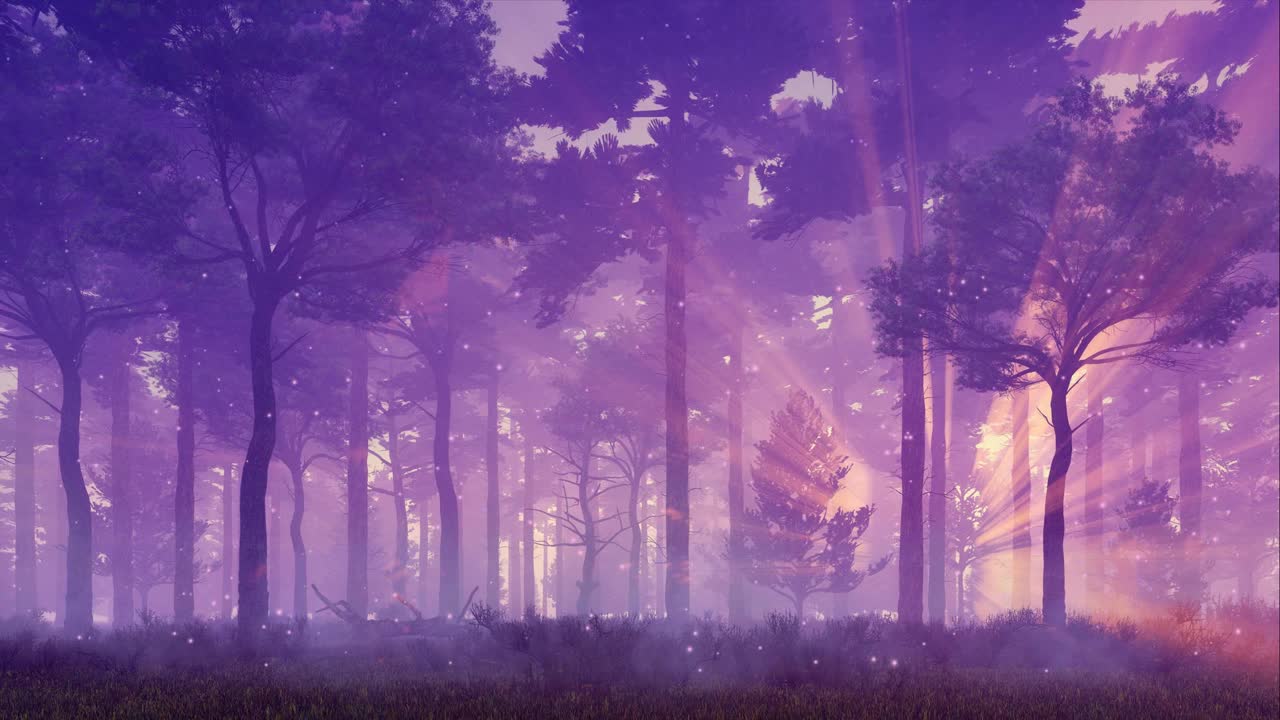 神奇的萤火虫灯光在神秘的夜森林3D动画视频素材