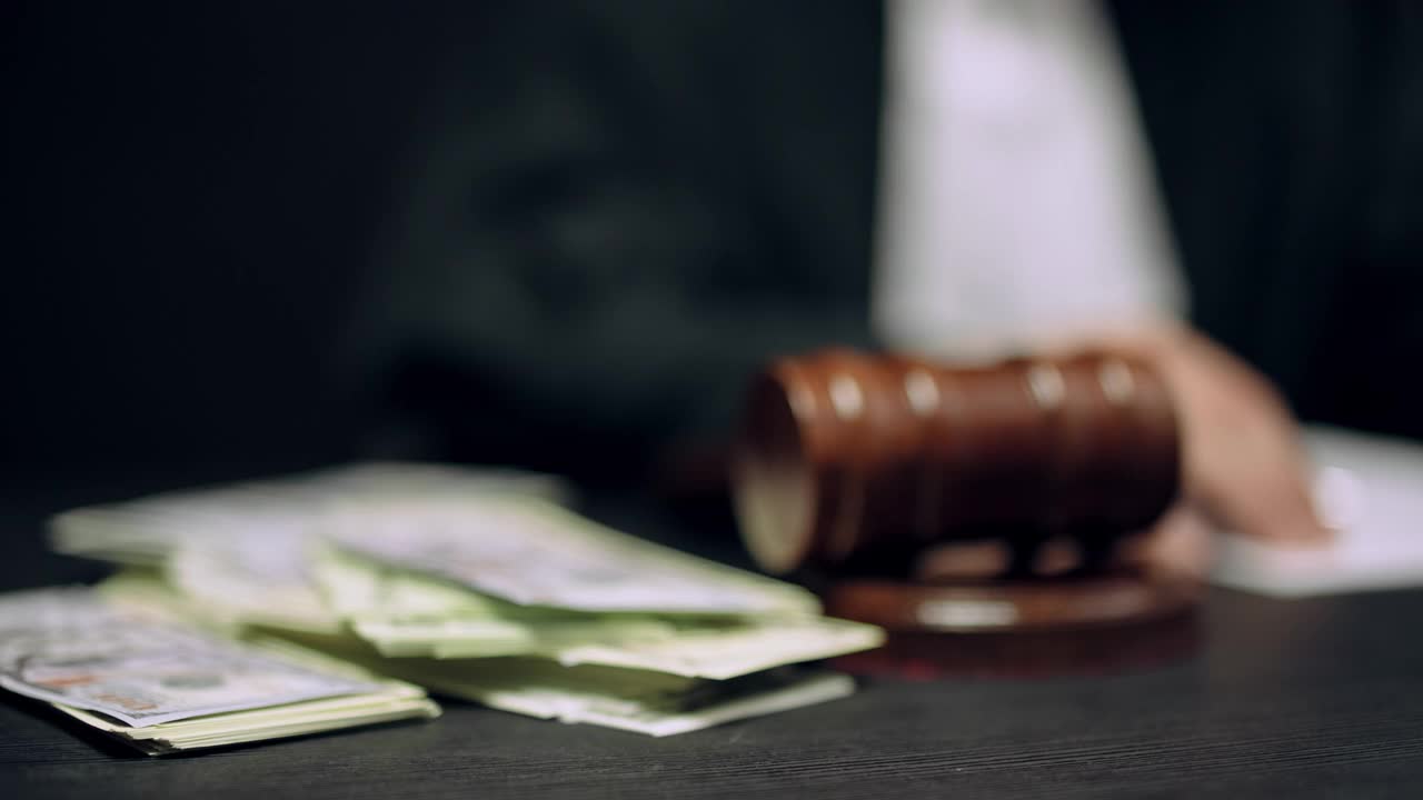 钞票躺在法庭的木槌旁，腐败的法官观念视频素材