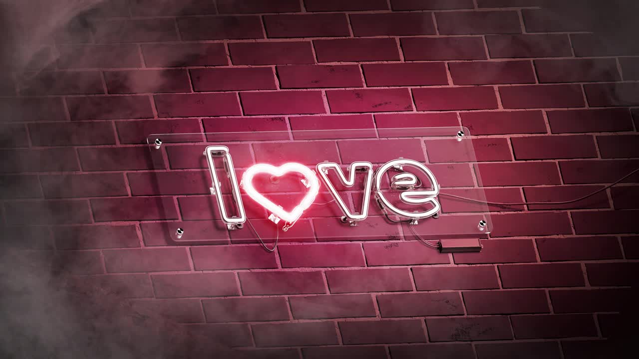黑色砖墙上的霓虹爱情符号，环形开关，全高清视频素材