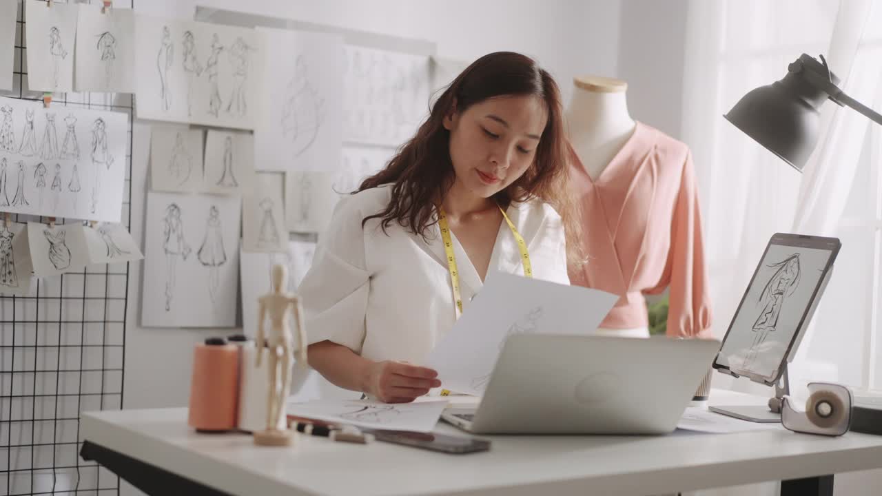 亚洲时装设计师在她的笔记本电脑裁缝生意上画草图视频下载