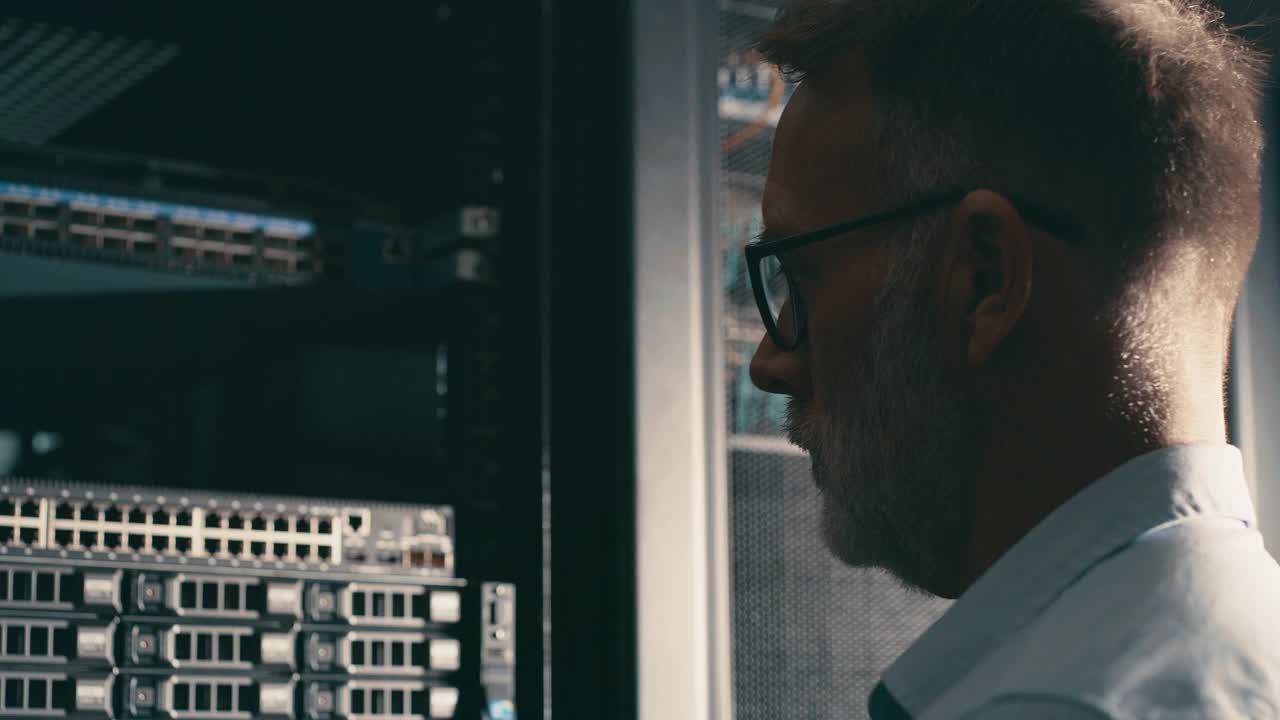 一段4k视频显示一个帅气成熟的技术人员独自站在服务器室里取出硬盘视频素材