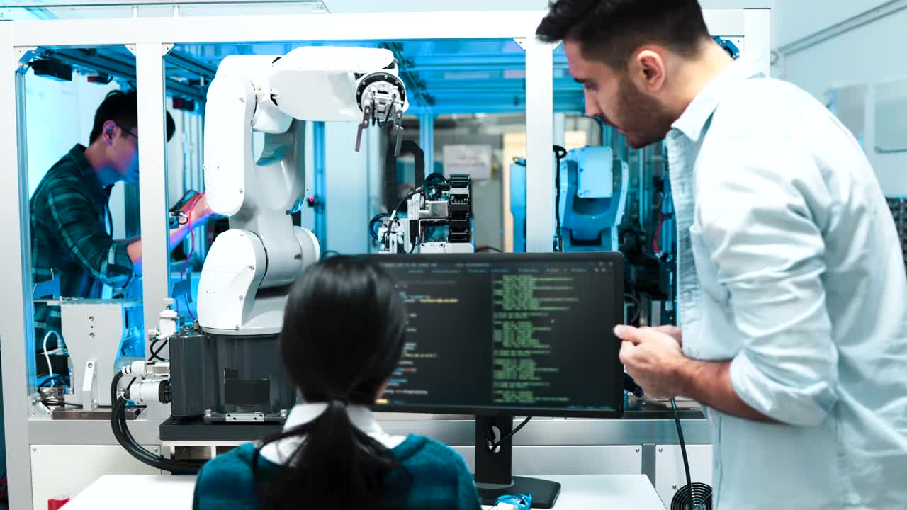 两名专业开发工程师在高科技研究实验室用现代未来设备测试技术假肢机器人手臂。男人和女人比较个人电脑上的数据。视频素材
