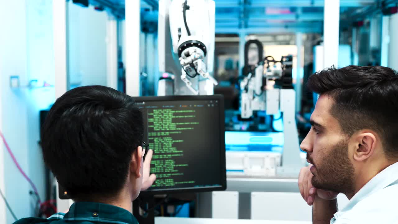两名专业开发工程师在高科技研究实验室用现代未来设备测试技术假肢机器人手臂。男人和女人比较个人电脑上的数据。视频素材