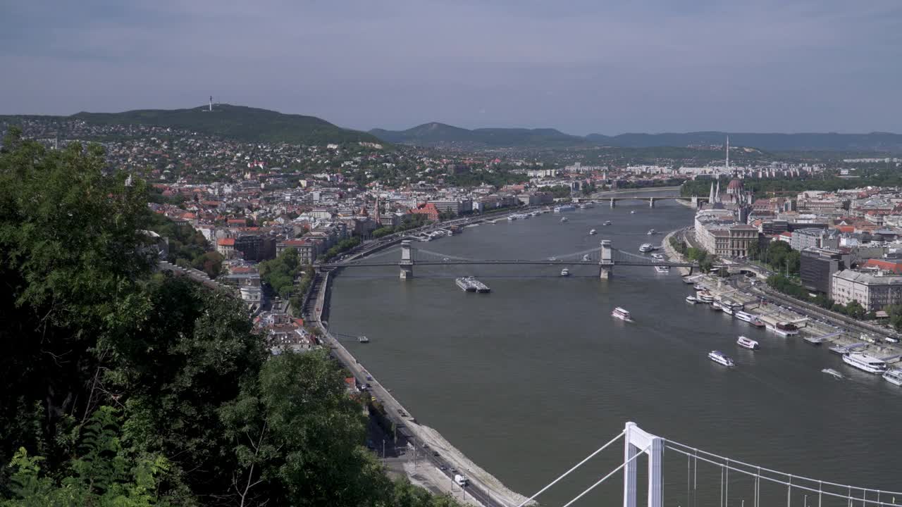 布达佩斯的城市景观，匈牙利，包括伊丽莎白桥，匈牙利议会，Széchenyi链桥，全景，概念城市在晴朗的天空夏天视频素材