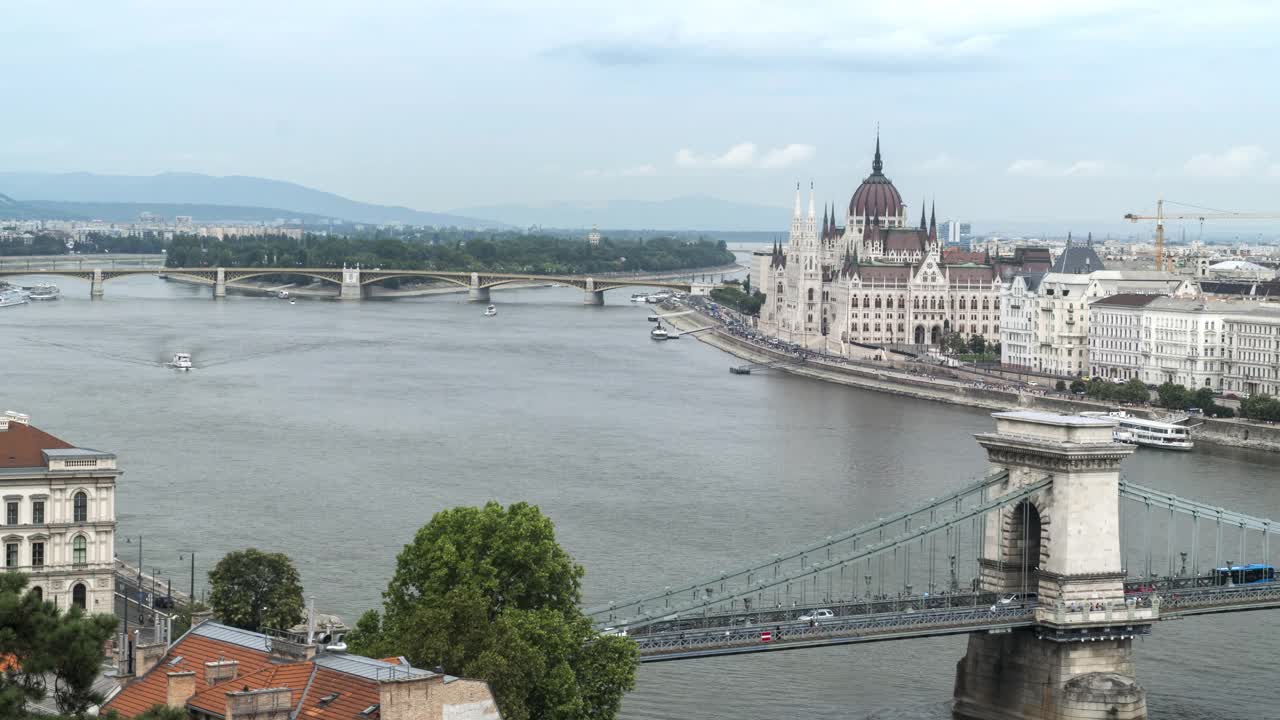 匈牙利议会大厦和铁链大桥与繁忙的周末游客，交通堵塞和交通在布达佩斯，匈牙利，时间流逝的高角度视频素材