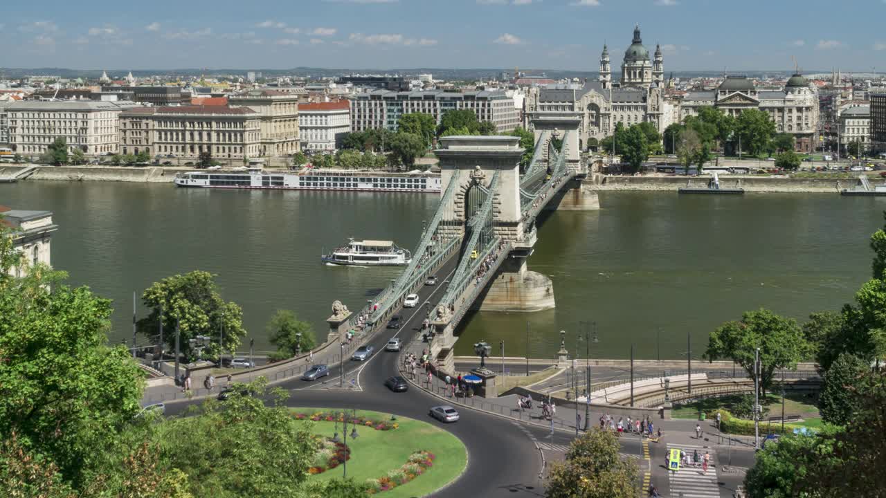Széchenyi周末链桥，匈牙利布达佩斯的旅行者和交通人群之间，高角度时间推移视图视频素材