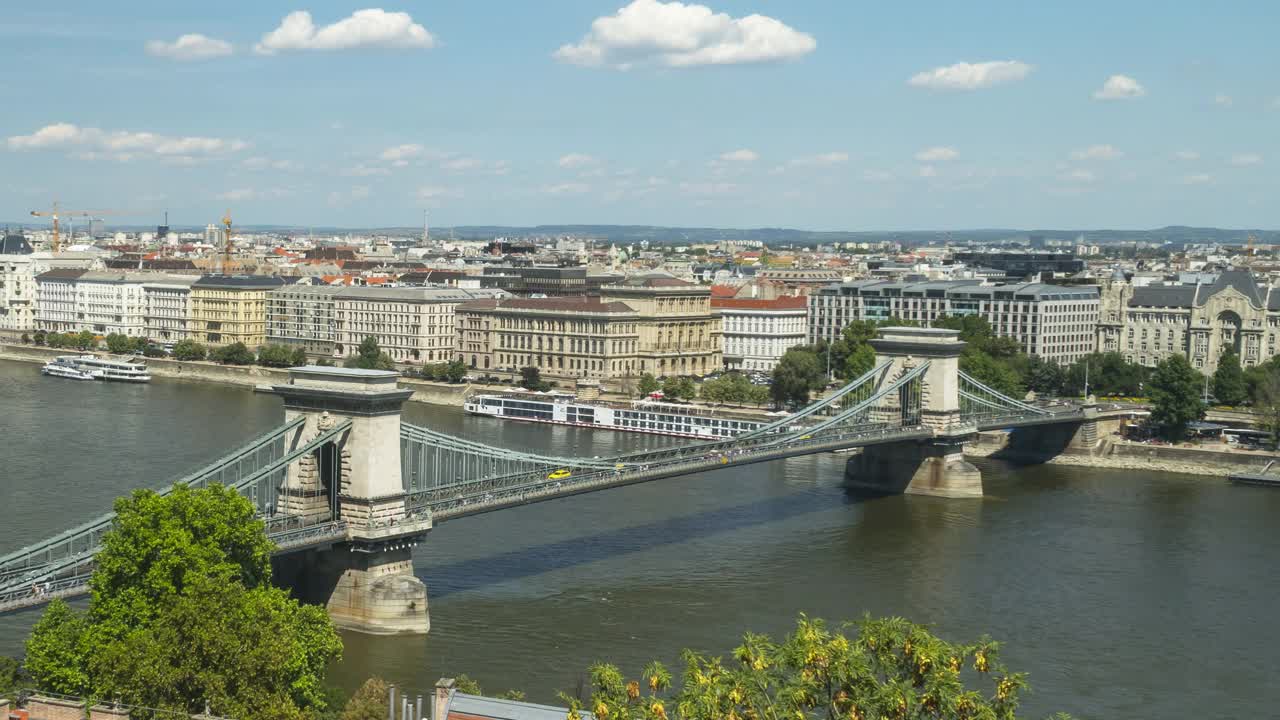 匈牙利议会和铁链桥与一个繁忙的周末一天的旅行者，交通堵塞和交通在布达佩斯，匈牙利，时间流逝的高角度侧视图，放大视频素材