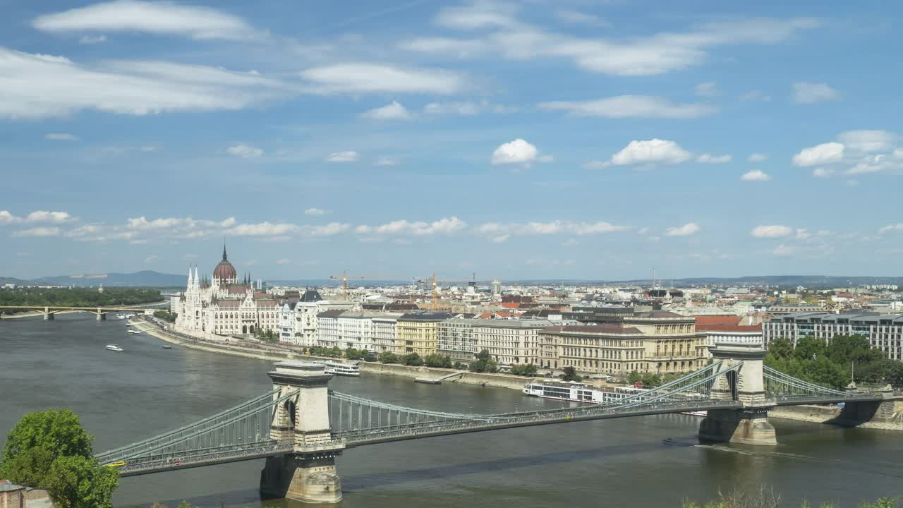 匈牙利议会和铁链桥与繁忙的周末一天的旅行者，交通堵塞和交通在布达佩斯，匈牙利，时间流逝的高角度侧视图，倾斜和缩小视频素材
