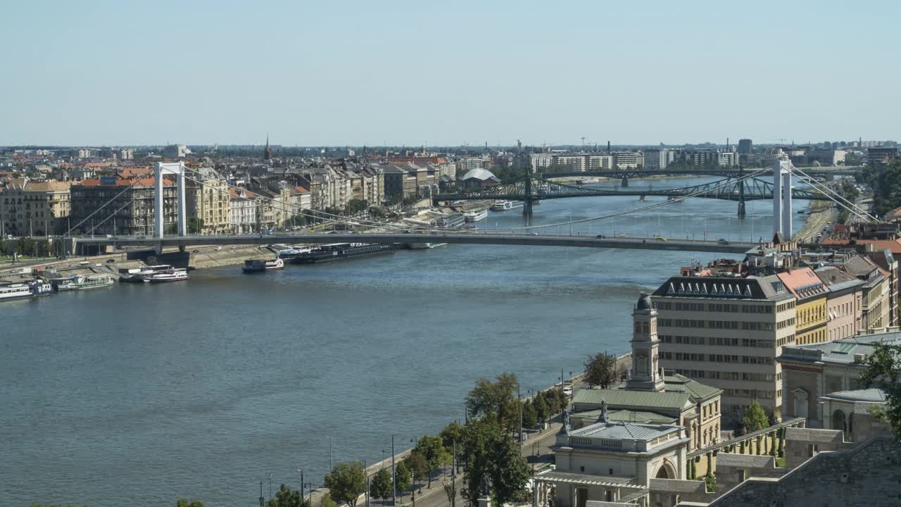 伊丽莎白桥，自由桥，Petőfi桥，布达佩斯，匈牙利，时间流逝的观点，城市观点的概念视频素材