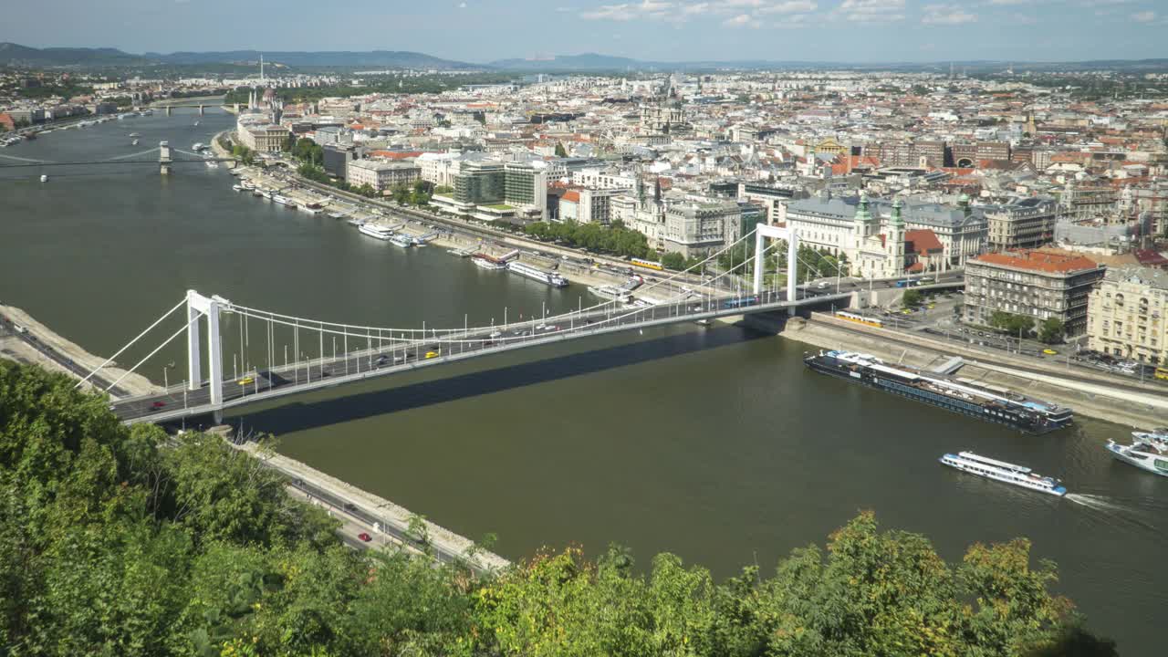 布达佩斯的城市景观，匈牙利，包括伊丽莎白桥，匈牙利议会，Széchenyi链桥，时间推移倾斜视图，城市视图的概念视频素材