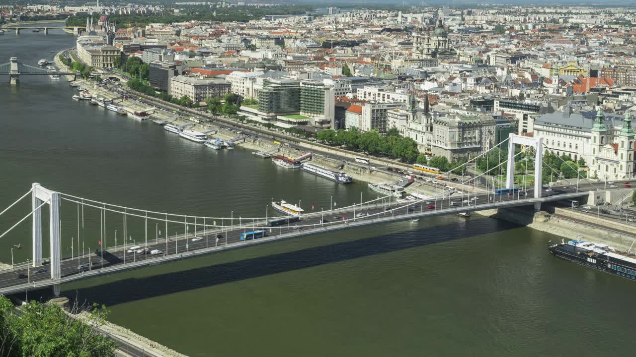 布达佩斯的城市景观，匈牙利，包括伊丽莎白桥，匈牙利议会，Széchenyi链桥，时间流逝，城市景观的概念视频素材