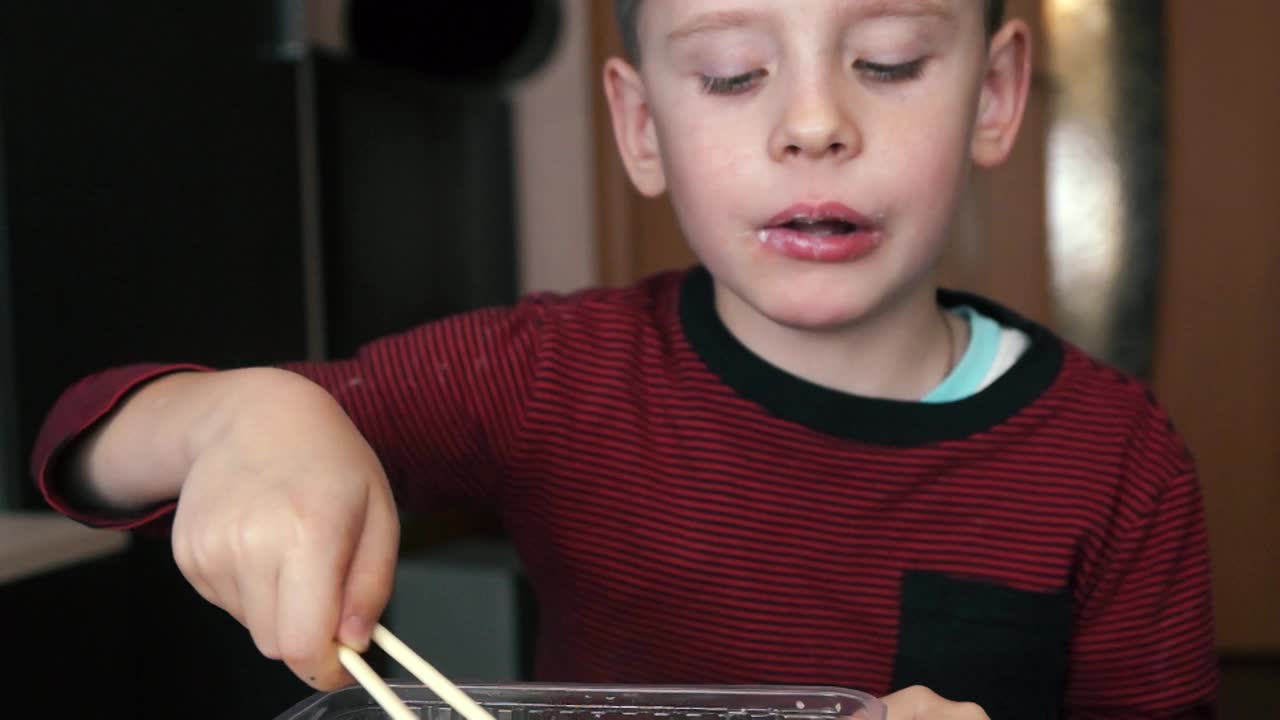 一个白人小男孩很喜欢用筷子吃烤寿司。孩子吃新鲜的寿司。用筷子吃海鲜。选择性聚焦，浅景深视频素材