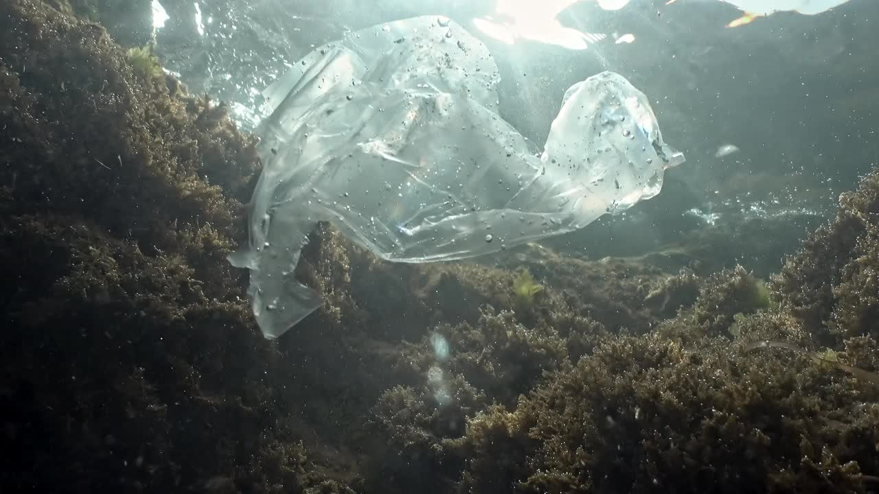 一次性塑料袋漂浮在海水中。乱扔垃圾是一场生态灾难，塑料无处不在。视频素材