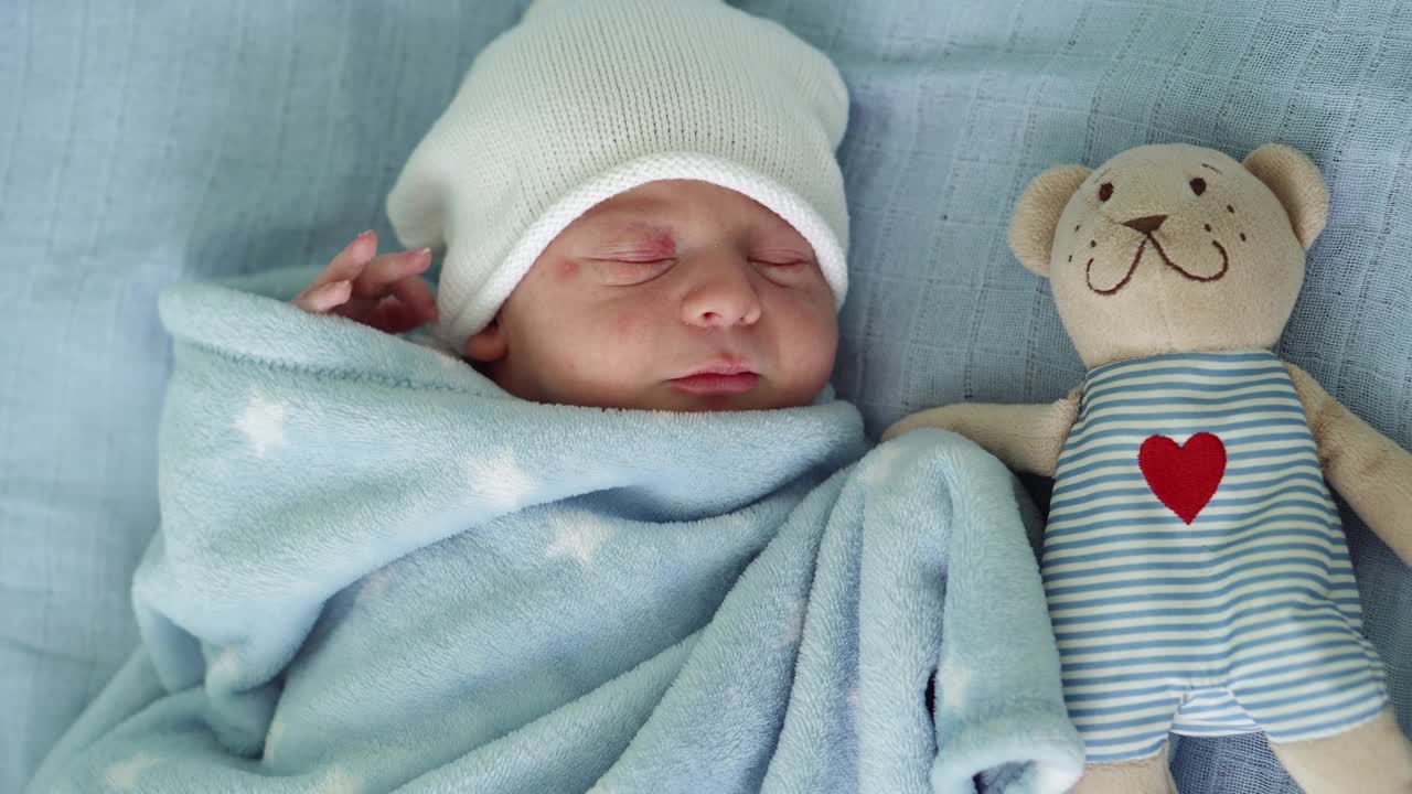 新生儿脸部特写，早期与泰迪熊睡觉的蓝色背景。在帽子上的生命开始分钟的孩子。婴儿，分娩，出生的最初时刻，开始的概念视频下载