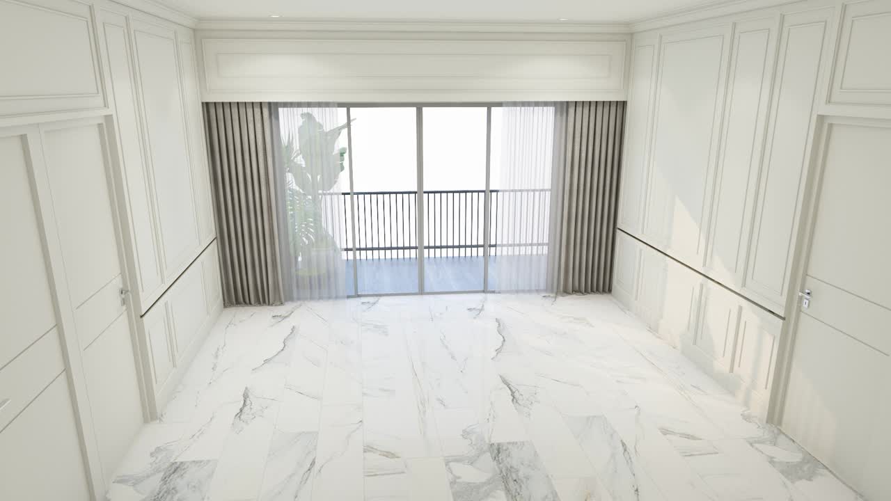 白色大理石地砖，灰色沙发，茶几，地毯上的凳布，特色墙上的壁灯，透明窗帘3d渲染定格，营造客厅的室内古典风格视频下载