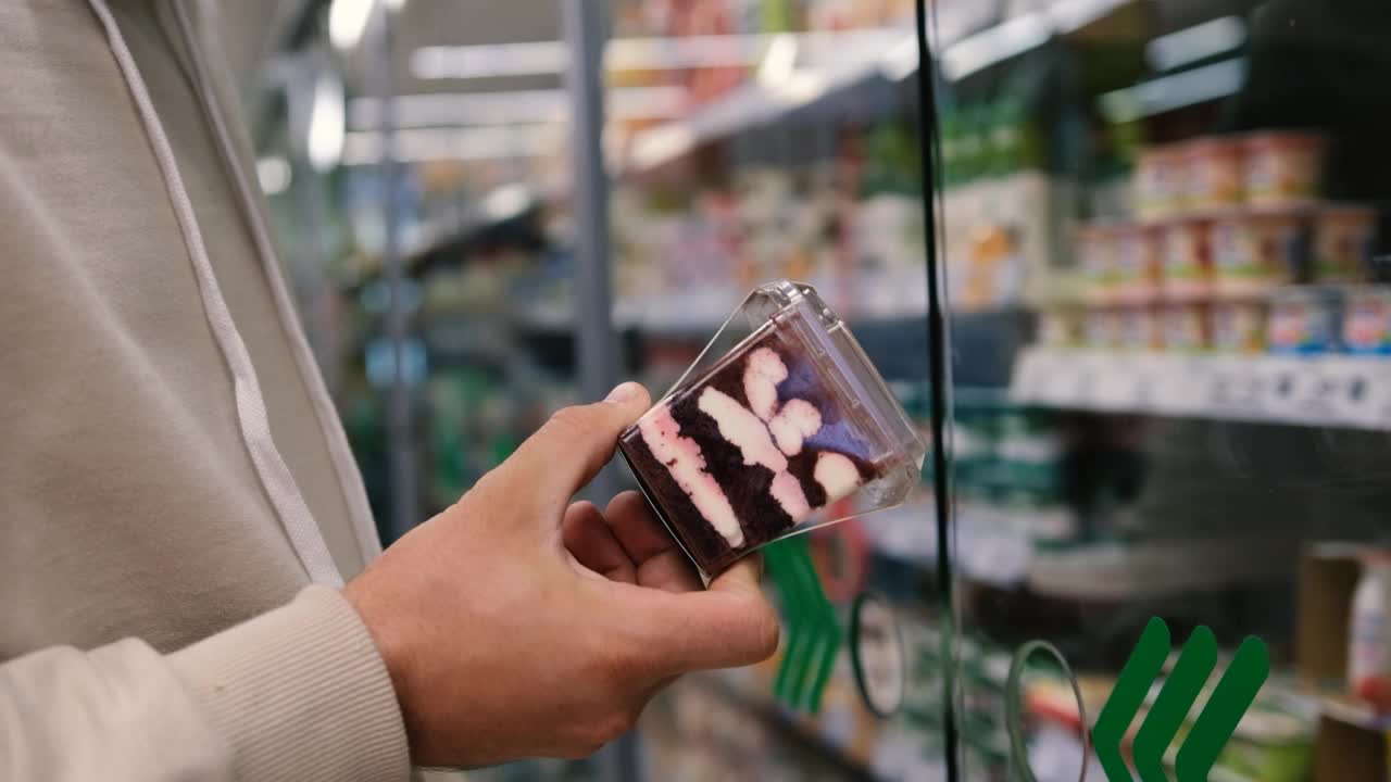 一名蒙面男子在超市购物时阅读甜点信息视频素材