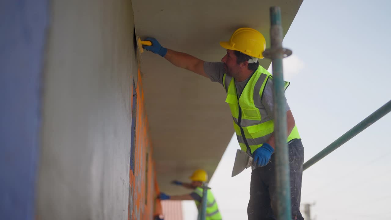 建筑工人在建筑外立面涂石膏视频素材