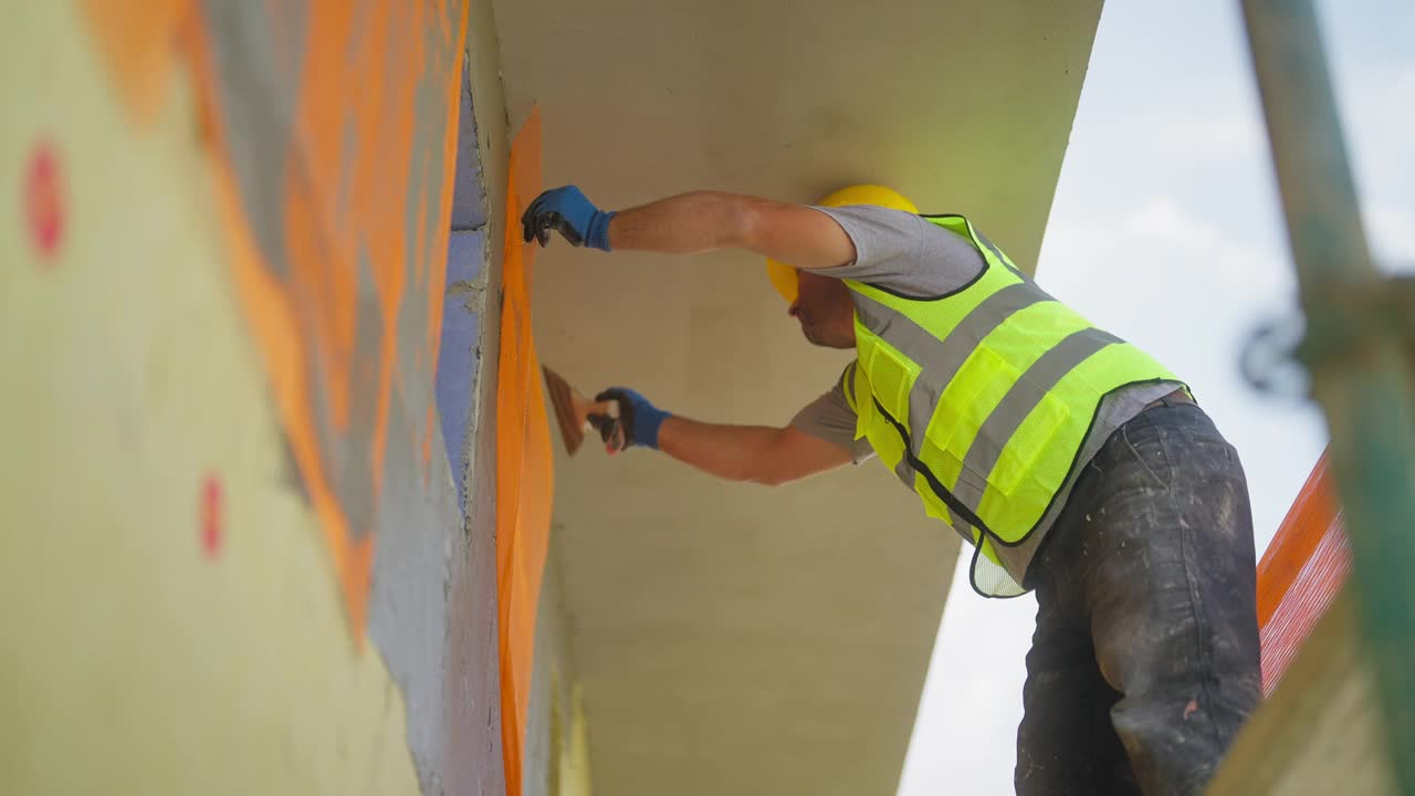 建筑工人在建筑外立面涂石膏视频下载