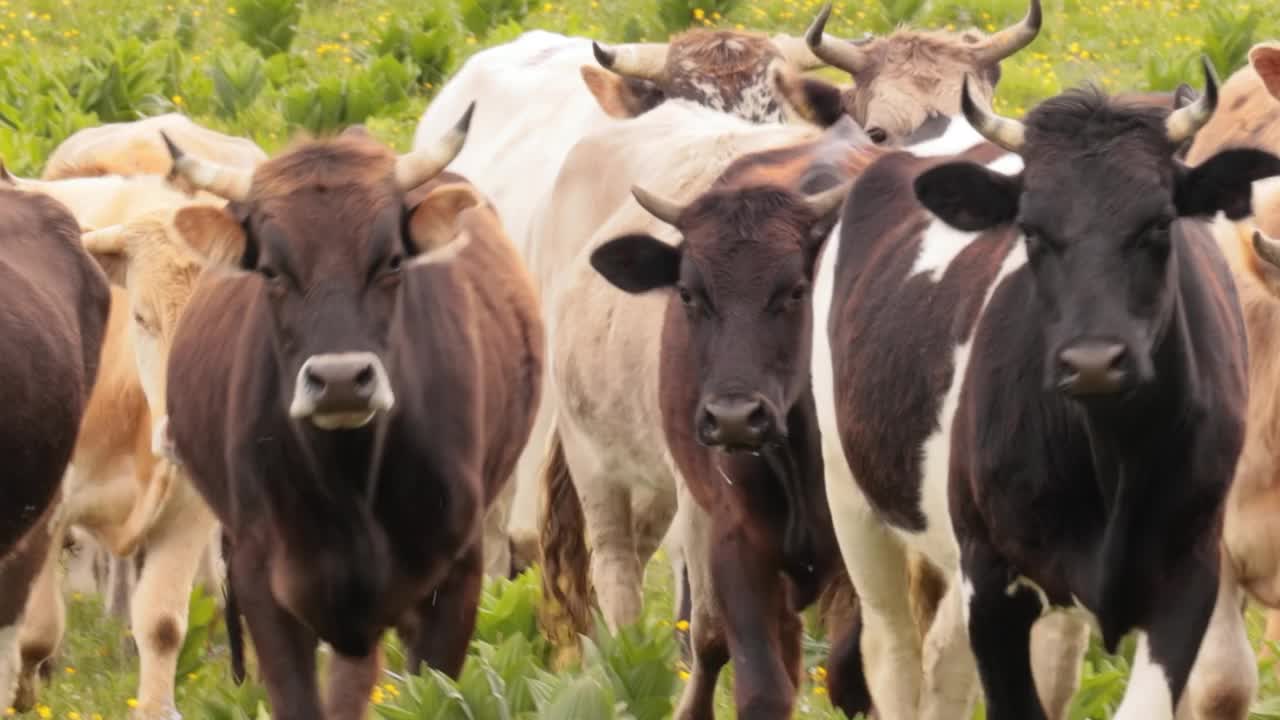 牛群在田野里一起吃草。奶牛跑向摄像机。视频素材
