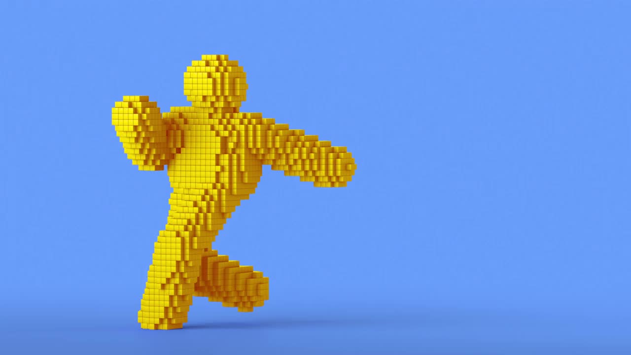 循环3d动画，黄色像素人卡通人物跳舞。有趣的吉祥物孤立在蓝色的背景视频下载