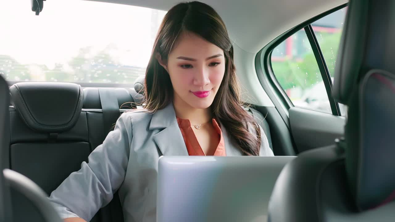 女商人在出租车上使用笔记本电脑视频下载