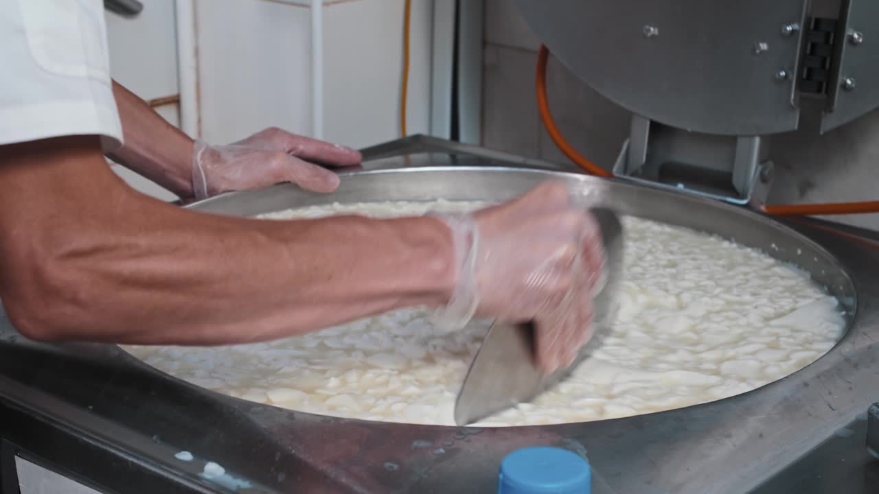 奶酪工厂——工人将新鲜的软奶酪与一个大铁板放在大桶中搅拌视频素材