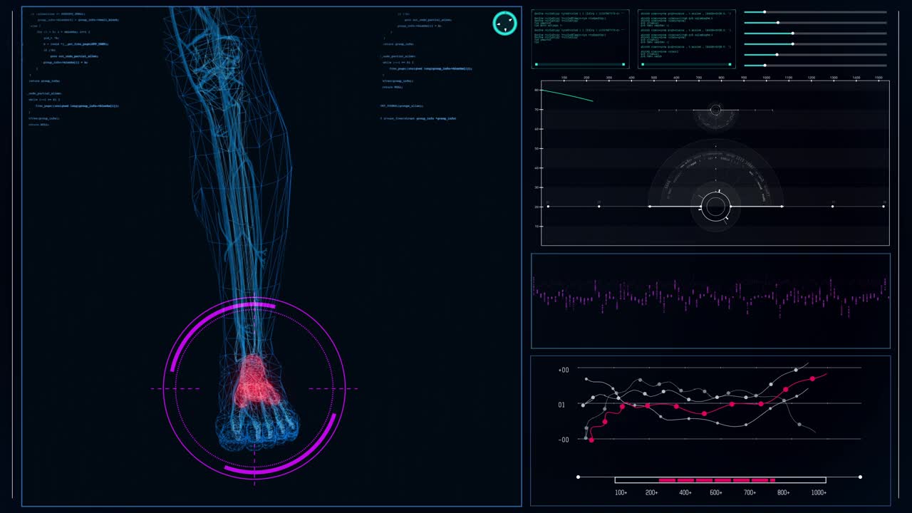 未来实验室内部。屏幕与人体模型。扫描虚拟病人足部损伤视频下载