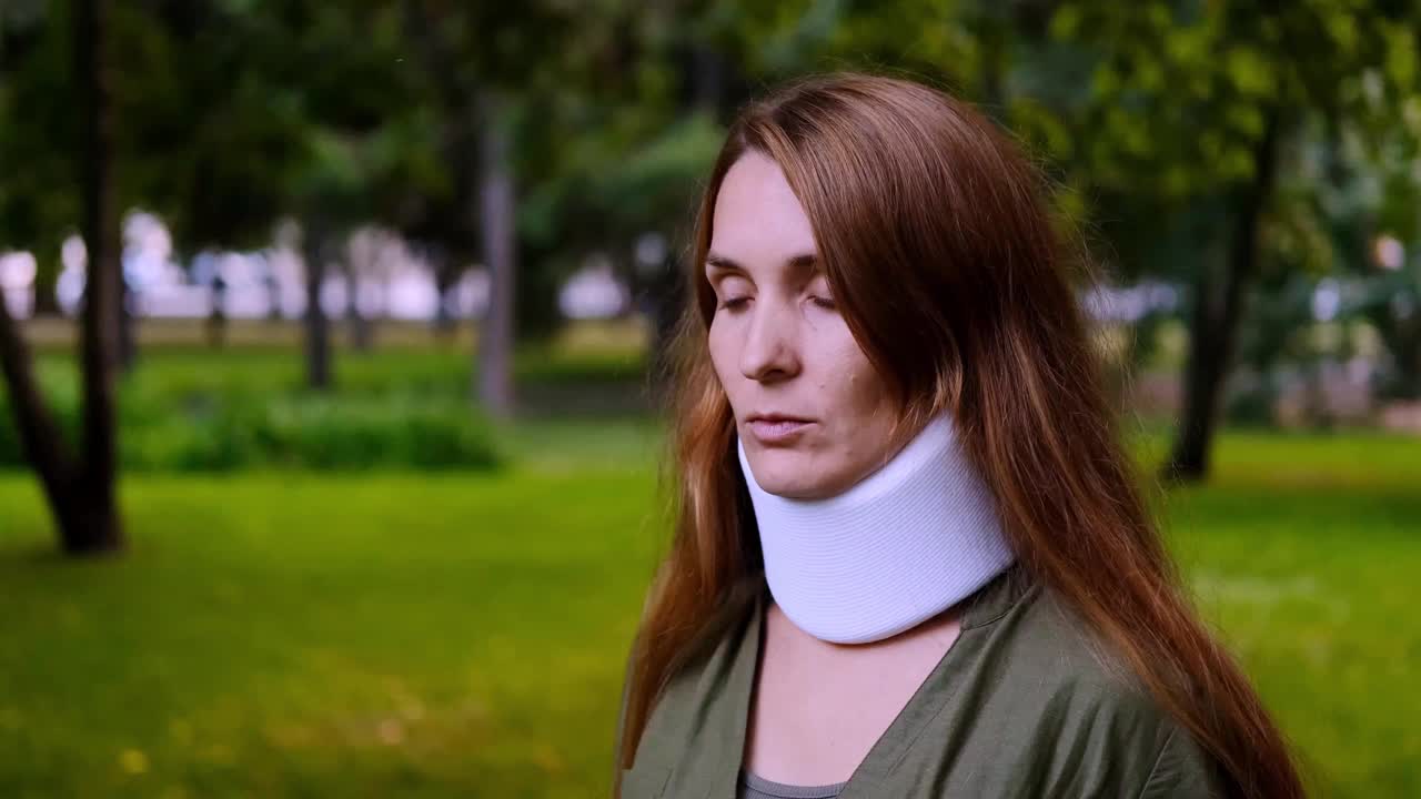 亚特兰大旋转半脱位，一名妇女因戴颈圈受伤，颈部拉伸，肌肉疼痛，脑震荡，韧带扭伤，椎骨移位视频素材