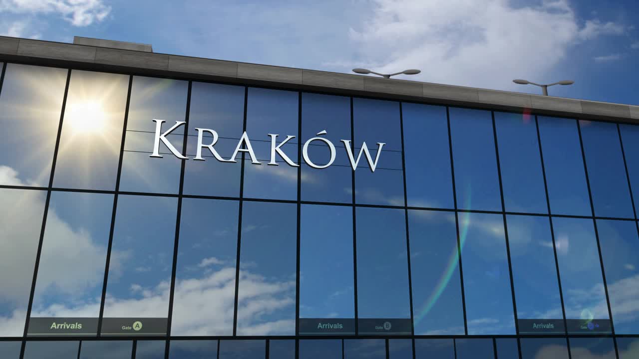 飞机降落在克拉科夫，克拉科夫波兰机场映照在航站楼视频下载