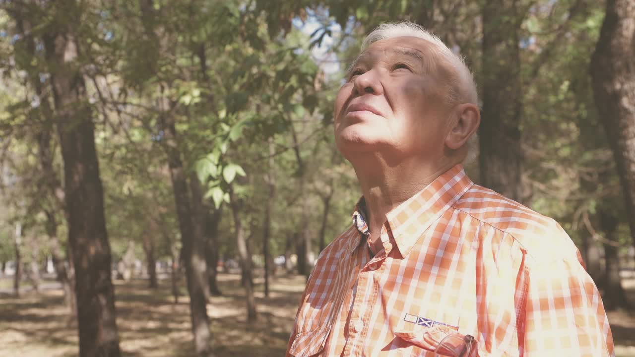一位老人在公园里仰望天空视频素材
