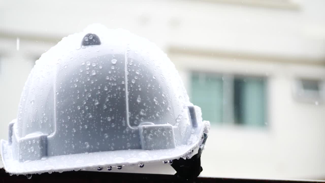 雨点落在工地上，头盔防雨视频下载