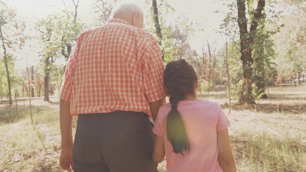 一位老人牵着孙女的手在公园散步视频素材
