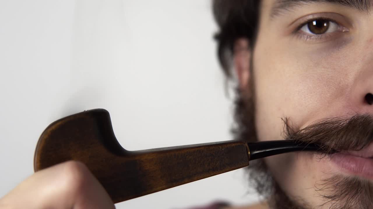 一名留着卷发胡子的年轻男子站在白色背景下抽着烟斗的特写镜头视频下载