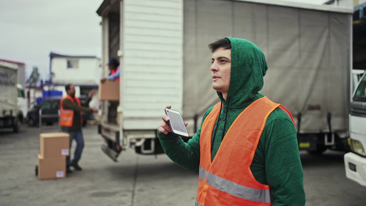 卡车司机卸货时，一名男子对着智能手机讲话视频素材