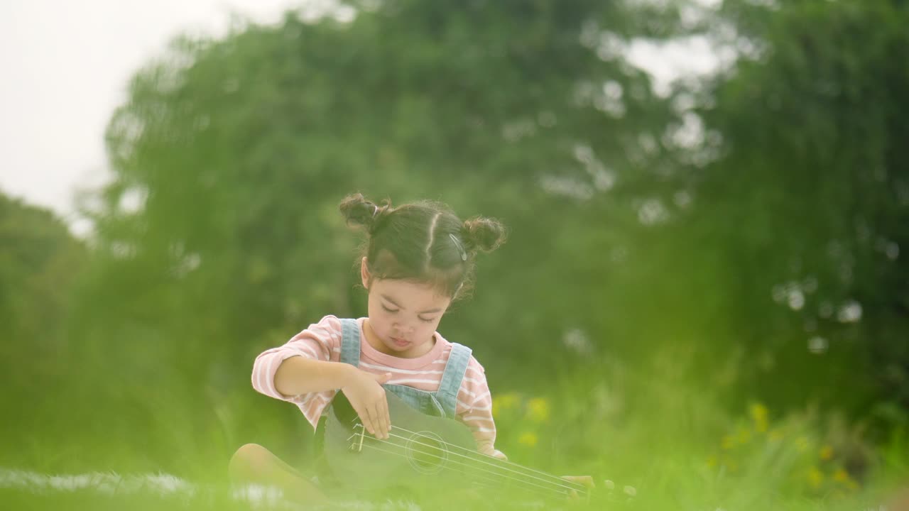 女孩在公园里玩尤克里里野餐视频下载
