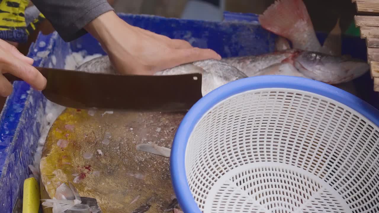 去内脏的鱼或清洁新鲜的鱼在市场上的街道。视频下载