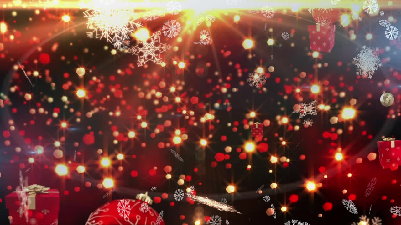 动画的圣诞气泡礼物，雪和星星落在红色的背景视频素材