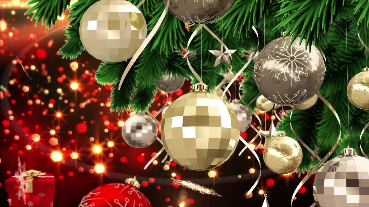动画的圣诞气泡与礼物，雪和星星落在红色的背景视频素材