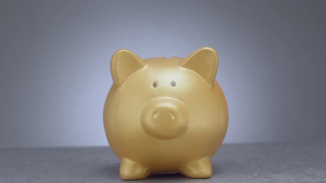 用一个金色的小猪储蓄罐存钱。那女人把手伸进一枚硬币视频下载