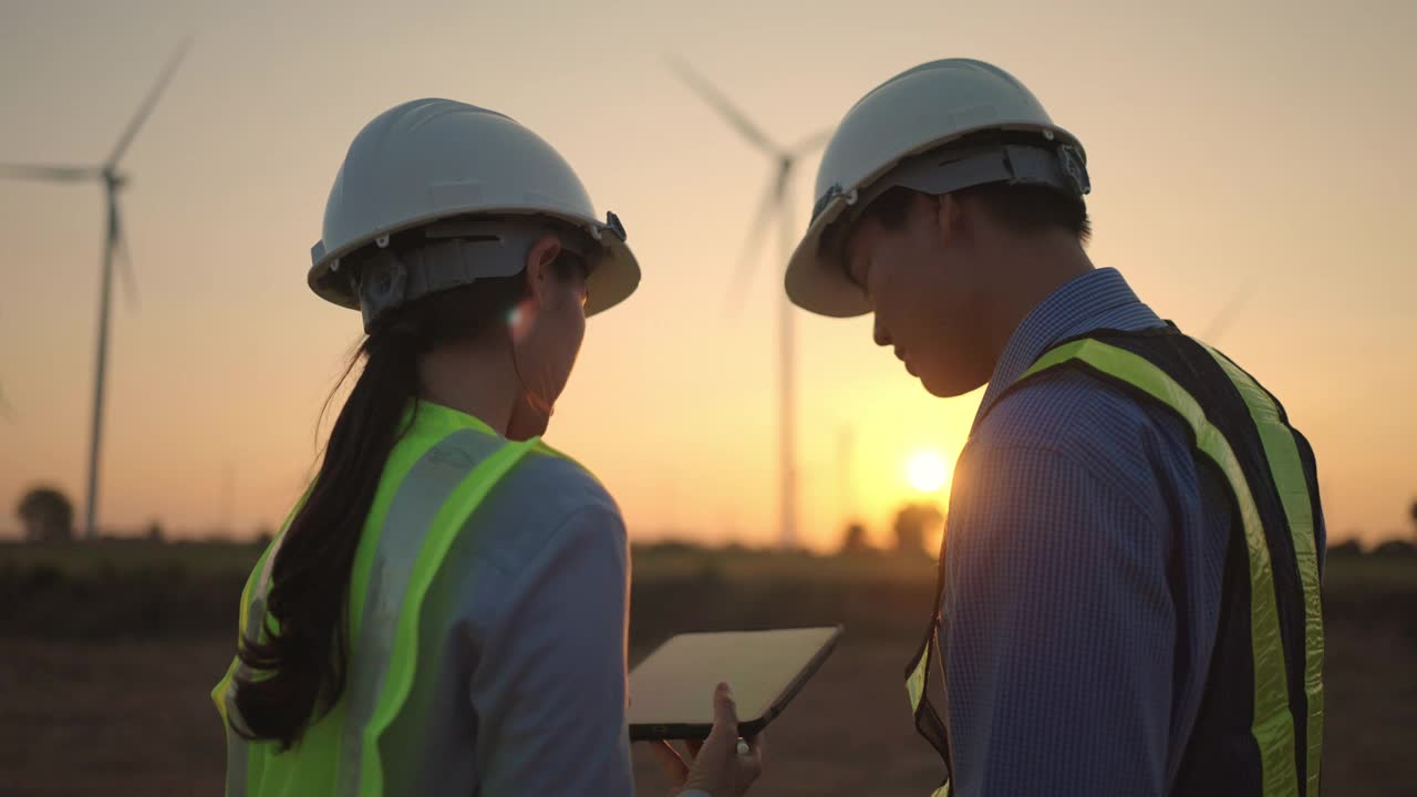 两名工程师在风力涡轮机农场一起工作时使用数字平板电脑视频下载