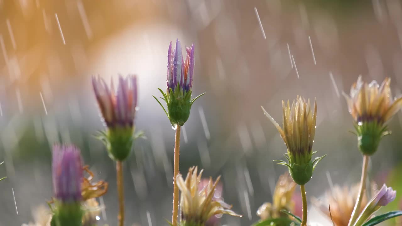 夏日花园里，雨滴落在五彩缤纷的花朵上。视频素材