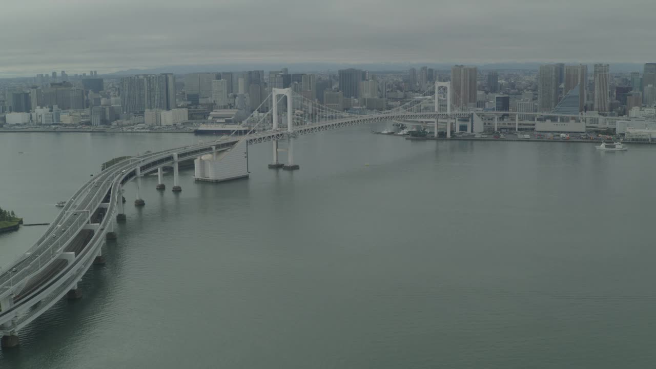 从东京湾彩虹桥上空左至右空中俯瞰东京市天际线。东京铁塔可见。高楼大厦、摩天大楼和办公楼随处可见。视频下载