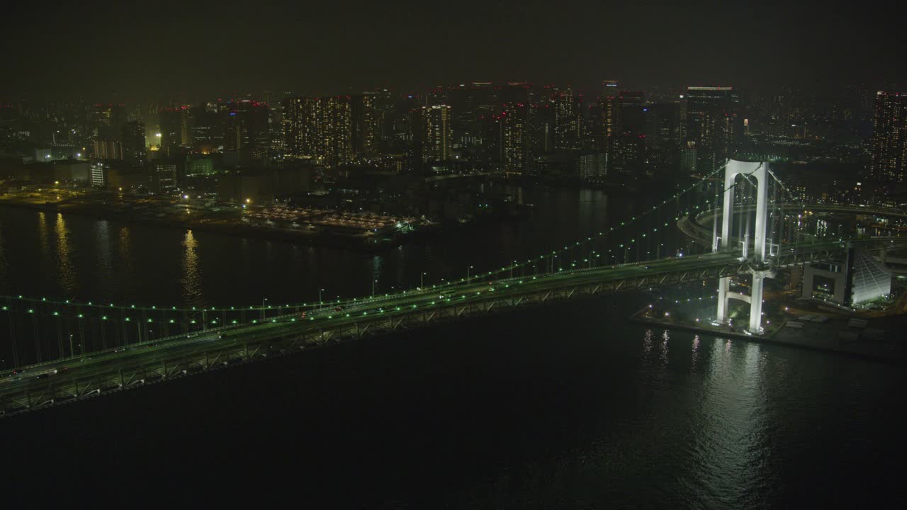 横跨东京湾的彩虹桥架空。城市的天际线与高层建筑，办公楼，公寓在bg可见。视频下载