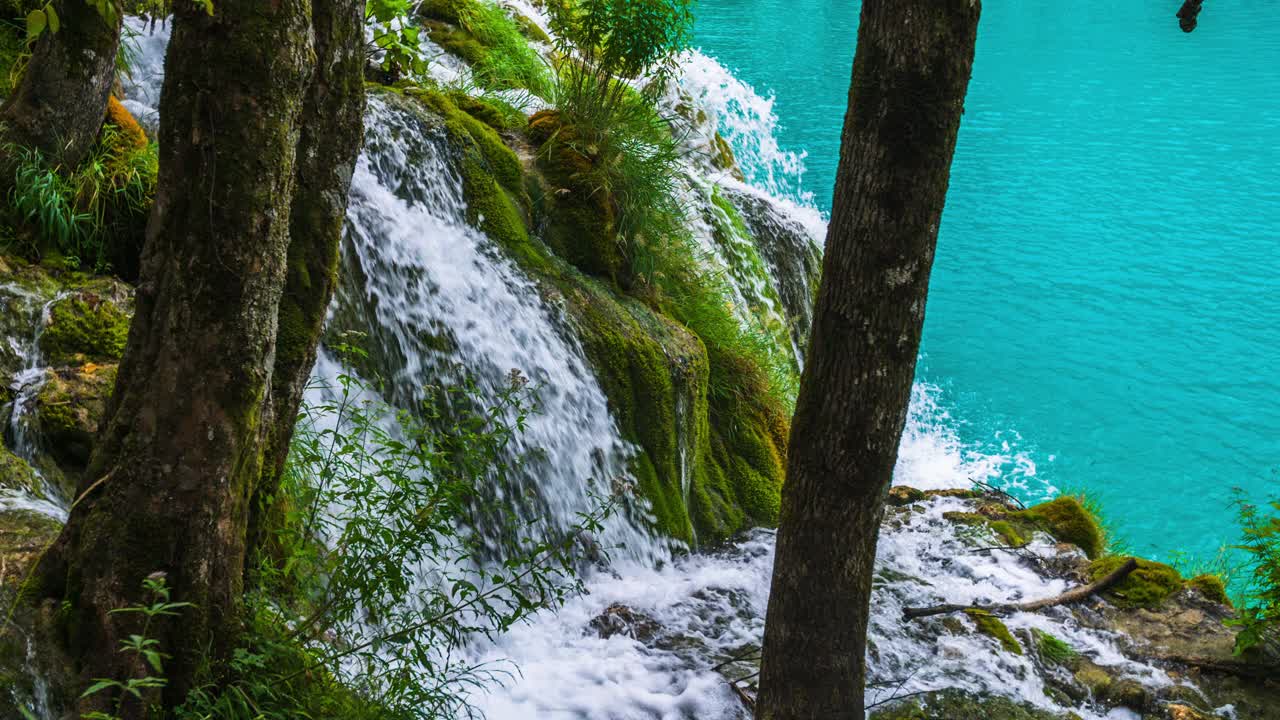 宁静的自然景色与森林瀑布和绿松石湖-慢镜头视频下载