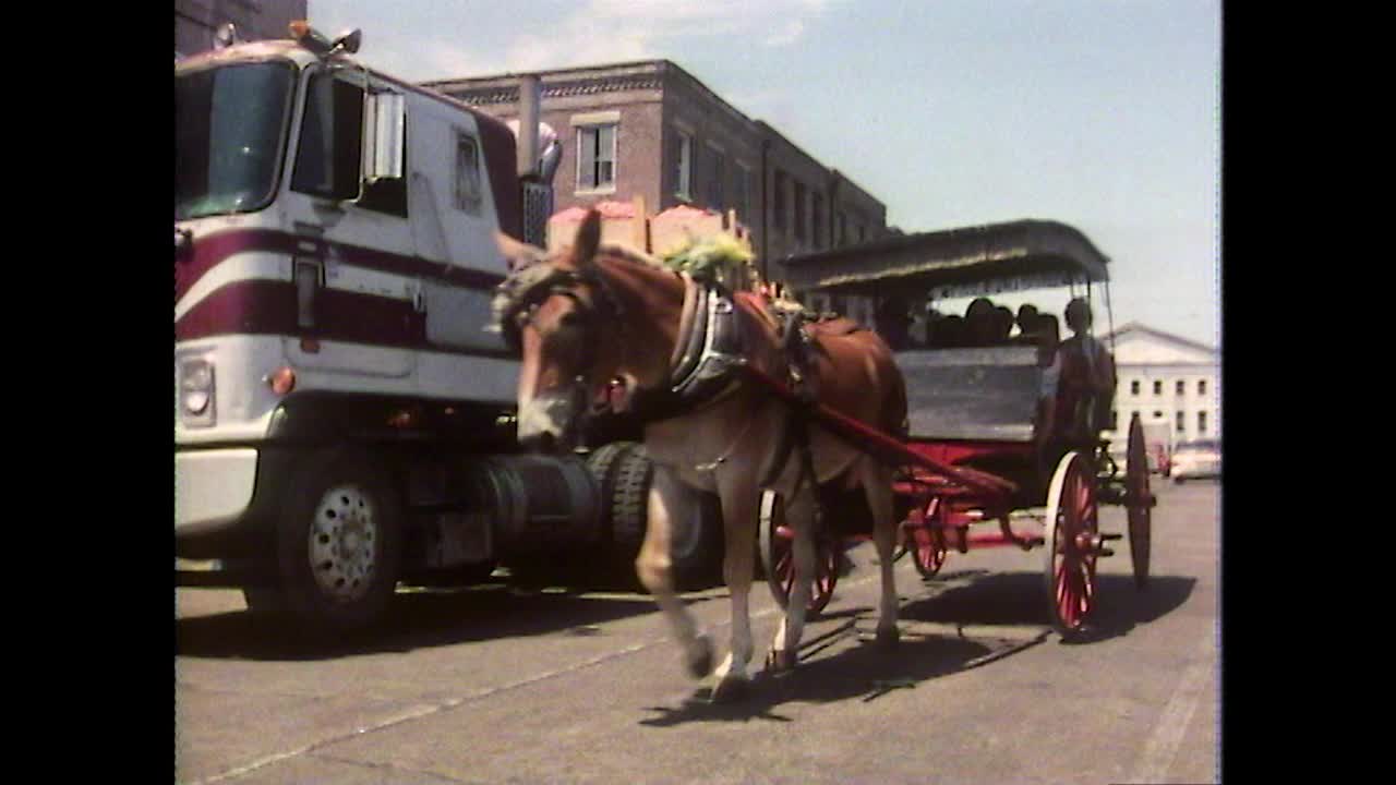 乘坐马车穿过新奥尔良的法国区街道;1975视频素材